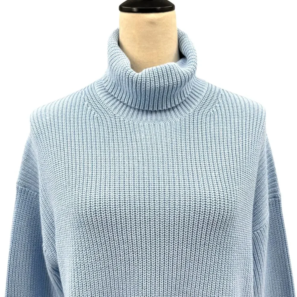 J. Crew Blue Cotton Cashmere Blend Chunky Ribbed Turtleneck Fisherman Sweater
